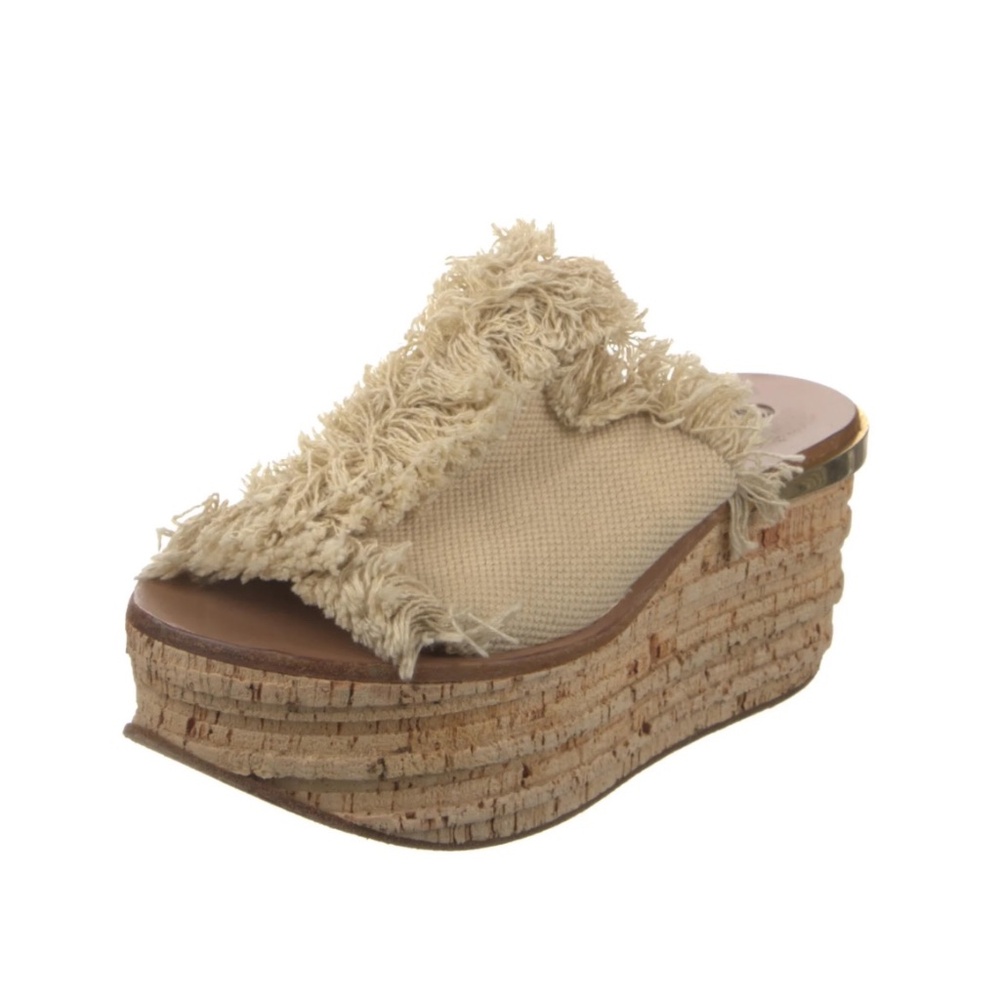 CHLOÉ Canvas Fringe Trim Accent Wedge Sandals Size: 8 / IT 38